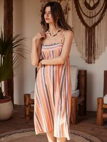 Lullawish Đầm maxi dáng rộng thoải mái kiểu Bohemian Boho, kẻ sọc nhiều màu sắc, chất liệu cotton dệt kim mềm mại, thích hợp mặc ở nhà hoặc đi biển. - Nhiều màu - Xem 3