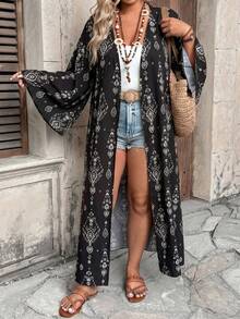 Ceyna Plus Size Women's New Elegant Multi-Color Striped Bohemian Style Colorful Paisley Pattern Open Front Long Sleeve Long Cardigan Outerwear Fall - Black - View 4