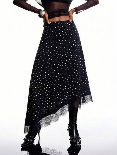 LYSMO Women's Fashion Versatile Polka Dot & Lace Patchwork Asymmetrical Hem Skirt