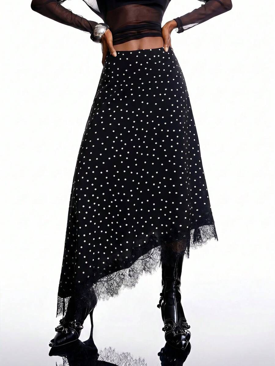 LYSMO Women's Fashion Versatile Polka Dot & Lace Patchwork Asymmetrical Hem Skirt - Black and White - View 1