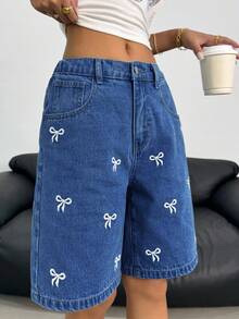 SHEIN Teen Girl Bow Embroidery Pocket Casual Denim Shorts - Dark Wash - View 3