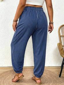 SHEIN Frenchy Plus Size Women Striped Drawstring Waist Harem Pants Fall - Multicolor - View 2
