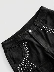 ROMWE MEN Street Life Men's Loose Fit Sparkling Diamond Denim Cargo Shorts - Black - View 4