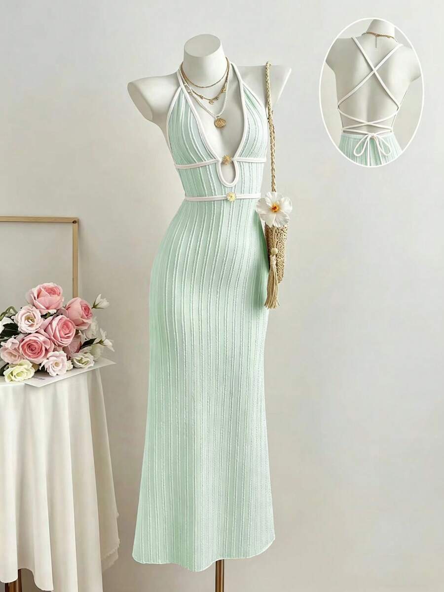 Flirla Women's Apricot Textured Jacquard Deep V-Neck Backless Fitted Maxi Casual Vacation Dress - Green - View 1