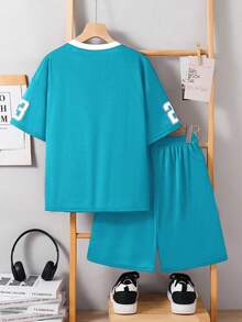 SHEIN Tween Boy Loose Fit Sports Short Sleeve & Shorts Set - Green - View 2