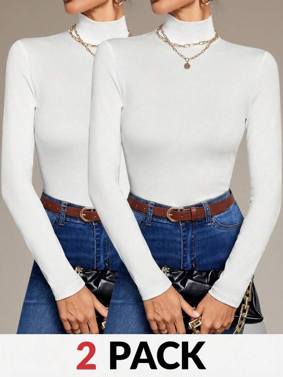 SHEIN Tall 2pcs/Set Solid Color Slim Fit Turtleneck White Tops, Suitable For Autumn And Winter, Tall Women Golf Basic - White - View 1