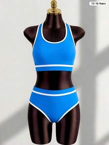 Conjunto De Bikini Sin Mangas De Bloque De Color Para Adolescente, Traje De Baño Para Playa, Conjunto De Verano Para Vacaciones - Multicolor - Ver 1