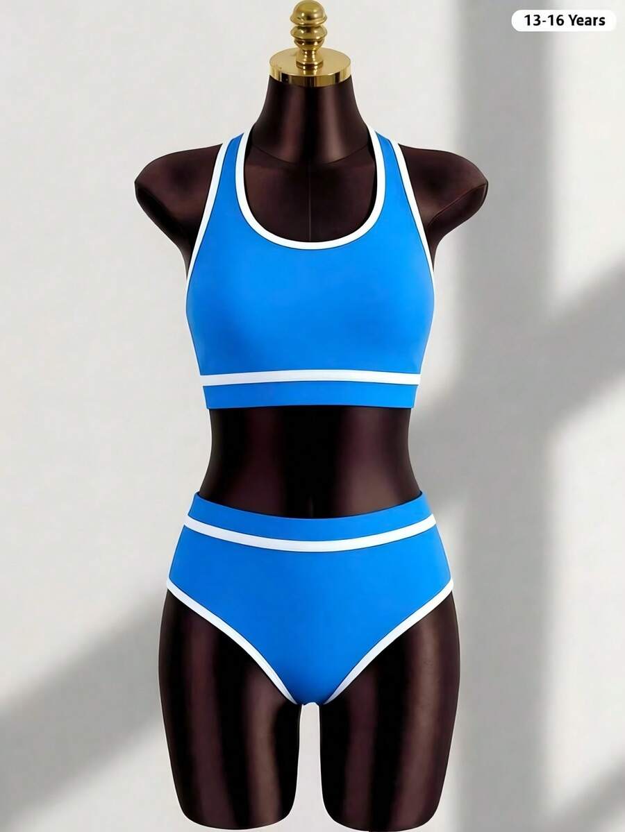 Conjunto De Bikini Sin Mangas De Bloque De Color Para Adolescente, Traje De Baño Para Playa, Conjunto De Verano Para Vacaciones - Multicolor - Ver 1