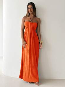 Aloruh Abito casual da donna senza schienale con collo alla halter per vacanze - Arancione - Visualizzare 4