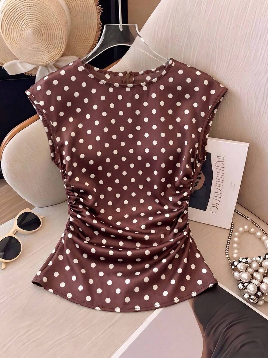 SHEIN Frenchy 优雅休闲通勤波点印花短袖衬衫 - 棕色 - 查看 1