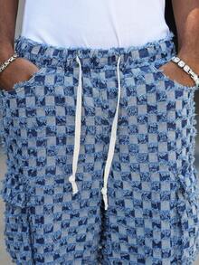 Manfinity EMRG Quần jeans nam kẻ caro cạp chun, kiểu dáng thường ngày, đa năng, thích hợp mặc hàng ngày. - Màu xanh lam - Xem 7