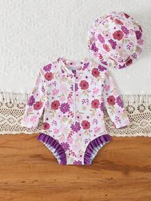 Newborn Baby Girls' One-Piece Long Sleeve Floral Print Swimsuit With Ruffled Trim & Swim Cap, 2pcs Set, Suitable For Vacation, Summer Fashion, Swimming Pool, Beach, Holiday Party - Multicolor - View 3