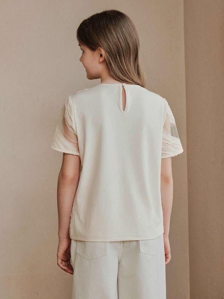 Girls' Elegant & Fashionable Short Sleeve T-Shirt With Pearl Decor, Apricot Color, Summer Top