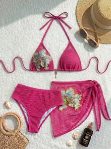 Swim SXY 新款大码女式纯色印花吊带上衣、修身三角泳裤和修身迷你裙三件套泳装，度假休闲装 - 粉色 - 查看 6