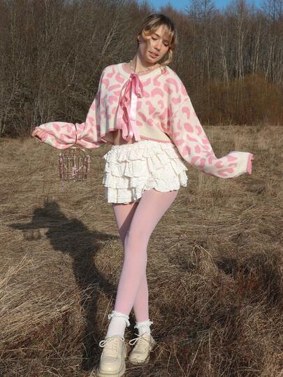 Kawaii ROMWE X Elena Katey Y2K 豹纹蝴蝶结吊带长袖休闲女式开衫