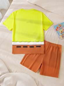 SpongeBob SquarePants | SHEIN Piyama Pria Motif Kartun Lucu, Atasan Lengan Pendek dan Celana Pendek, Musim Panas - Kuning - View 2