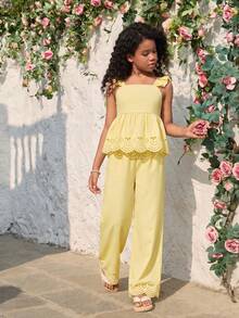 SHEIN Sparklyn Áo tank top hai dây màu vàng ôm sát, kiểu dáng thường ngày cho bé gái, thích hợp mặc đi nghỉ mát, du lịch, đi học và mặc hàng ngày. - Màu vàng - Xem 6