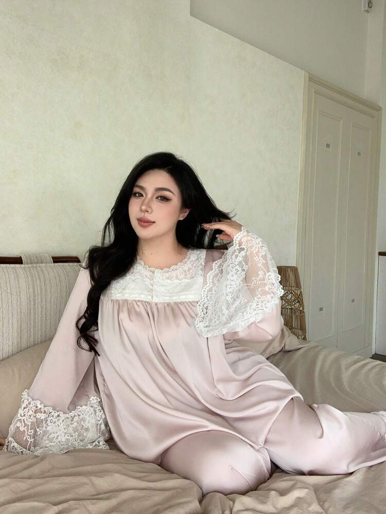 Dazy Plus Elegant Satin & Lace Patchwork Wide Sleeve Pullover Top And Long Pants Plus Size Women Pajama Set, Pink, Spring/Summer/Autumn