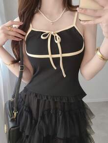 FRIFUL Women's Camisole Top With Decorative Patchwork, Sweet Casual French Cute 2 Pieces Set Summer Date Daytime Everyday Beige Black Vacation - Khaki - View 4