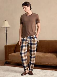 SHEIN Men's Solid Color Short-Sleeved Top & Plaid Pants Homewear Set - Coffee Brown - View 4