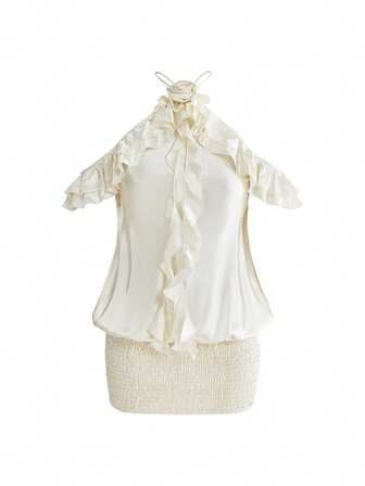 Sweetness Damen Retro Urlaubsstil Rüschen 3D Blumen Dekor Sexy rückenfreies Mini-Kleid