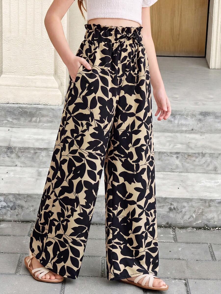 SHEIN Tween Girls' Loose Casual Ruffle Hem Leaf Print High Waist Wide Leg Pants - Black and White - View 1