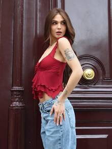 Nath Sonia 女士褶皱前片修身性感网纱拼接系带露背荷叶边无袖吊带背心，休闲度假上衣荷叶边上衣 - 酒紅色 - 查看 4