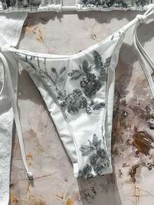 Swim Mod 2-Piece Swimwear, Solid Color Sequin Textured Halter Bra Top And Side Tie Bottoms Sexy Bikini Set, Spring/Summer Beach Vacation - White - View 3
