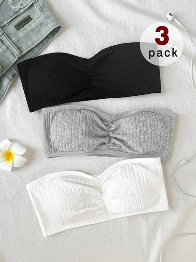 SHEIN Tween Girl 3-Pack Black, White, Gray Fashion Minimalist Padded Non-Slip Tube Top Bras