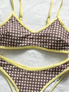 Swim Mod Bộ bikini đồ bơi nữ, họa tiết kẻ caro retro chấm bi, áo ngực tích hợp, thích hợp cho kỳ nghỉ phong cách Boho, Bohemian, trang phục tập gym, phong cách Y2K cổ điển, giản dị, dễ thương, ngọt ngào, retro, đồ bơi nữ mùa xuân hè, trang phục đi biển, trang phục thời trang, trang phục ngày Quốc khánh 4 tháng 7, đồ đi biển. - màu nâu - Xem 5