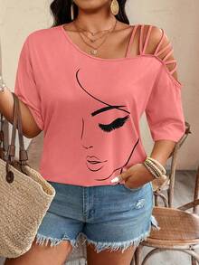 Weeklong Plus Size Asymmetric Strap Portrait Print Short Sleeve T-Shirt - Burnt Orange - View 6