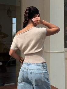 Muchica Women's Solid Color Off-Shoulder Casual Versatile Knit Top For Daily Wear Everyday Khaki Green Autumn - Khaki - View 2