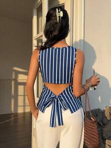 Siren Gaze Áo camisole nữ mùa hè dáng rộng, kẻ sọc, nhún bèo, thắt eo - Xanh và trắng - Xem 7