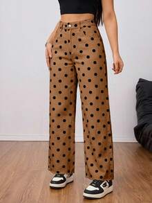 SHEIN Tall 女士波点印花休闲宽松牛仔裤 - 咖啡棕 - 查看 5