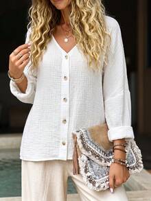 SHEIN Holidaya Women's Summer Casual 100% Cotton V-Neck Blouse, Beach Holiday Tops, Elegant Vacation Outfit, White Shirt, Commuter Wear - White - View 5