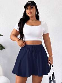 Elenzga Plus Size Casual Solid Color Mini Skirt Shorts - Navy Blue - View 5