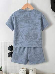 SHEIN Genkimix Kids 2pcs/Set Boys' Summer Casual All-Over Print T-Shirt And Shorts Set - Dusty Blue - View 2
