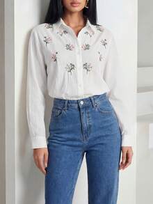 Solavon Camisa casual de mujer de manga larga con bordado floral y abotonadura sencilla - Blanco - Ver 5