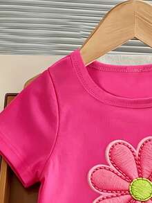Girls' Casual Creative Floral Embroidered Graphic Tee, Comfortable Daily Wear, Suitable For Spring, Summer And Autumn - Hot Pink - View 7