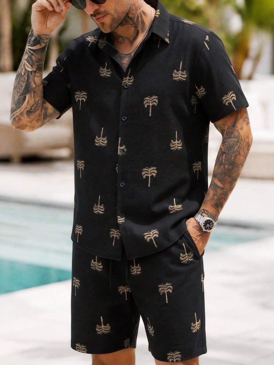 Genlund 2pcs Men's Summer Set,Black And Gold Coconut Tree Print Shirt & Shorts,Boho Beach Holiday Vacation Outfits,Textured Short Sleeve Button Down Resort - Black - View 1