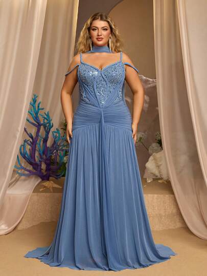 Glamrae Plus Size Elegant, Romantic, Fashionable Gray-Blue Elastic Mesh Fabric Sequin Patchwork, Fish Bone Shaping, Halter Flounce, Fish Tail Hem, Trailing, Fashionable, Internet Celebrity, Holiday, Vacation, Birthday Party, Wedding Event, Formal Evening Gown