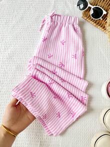 Quần ống rộng màu hồng sọc kẻ, kiểu dáng thường ngày, dành cho bé gái, thích hợp mặc mùa hè. - Hồng - Xem 5