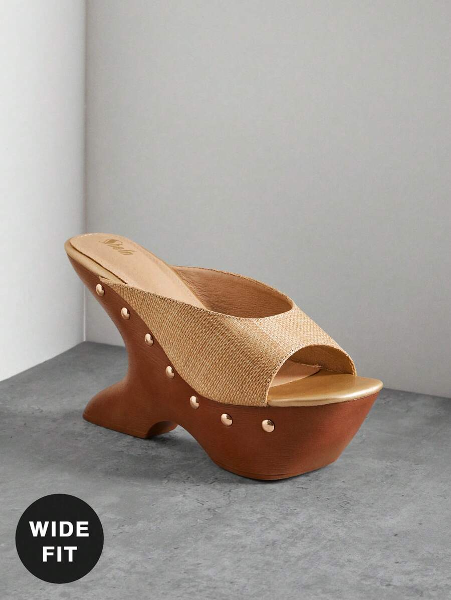 SHUZIA Sandal đế xuồng dày dặn, dáng rộng dành cho nữ, thích hợp đi hàng ngày hoặc đi nghỉ mát, kiểu dáng dễ thương và thanh lịch, làm từ chất liệu PU. - Màu be - Xem 1