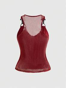 ROMWE Áo tank top phối lưới in hình bộ xương tối màu - Màu Đỏ Sâu - Xem 2