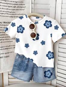 Vintage Cute Floral Pattern Baby Girl Summer Outfits,White Casual Short Sleeve Round Neck T-Shirt And Shorts 2-Piece Set,Vacation Kids Stylish Clothes - Multicolor - View 4
