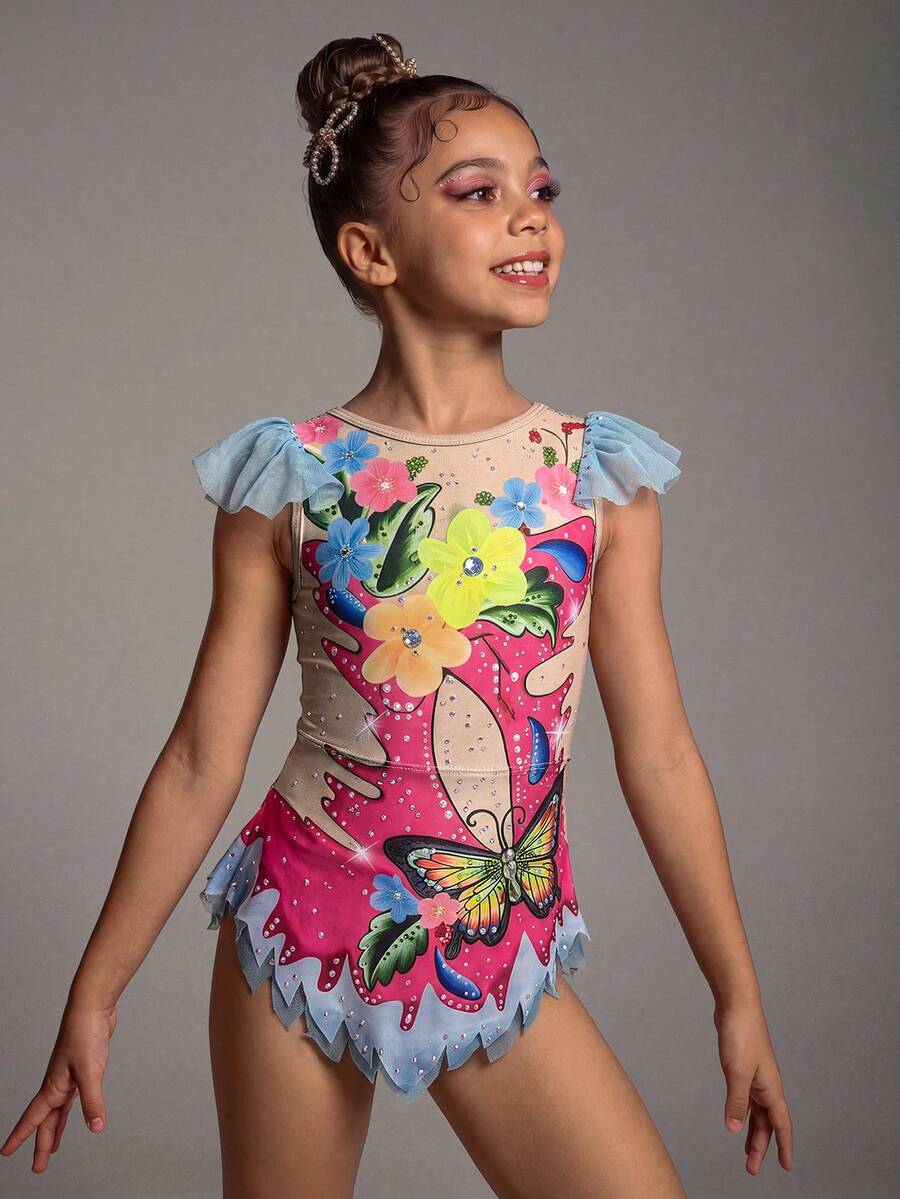 SHEIN 女童玫瑰粉色体操服 – 花卉印花高弹力连体衣,柔软舒适,适合瑜伽练习和体操训练 - 玫紅色 - 查看 1