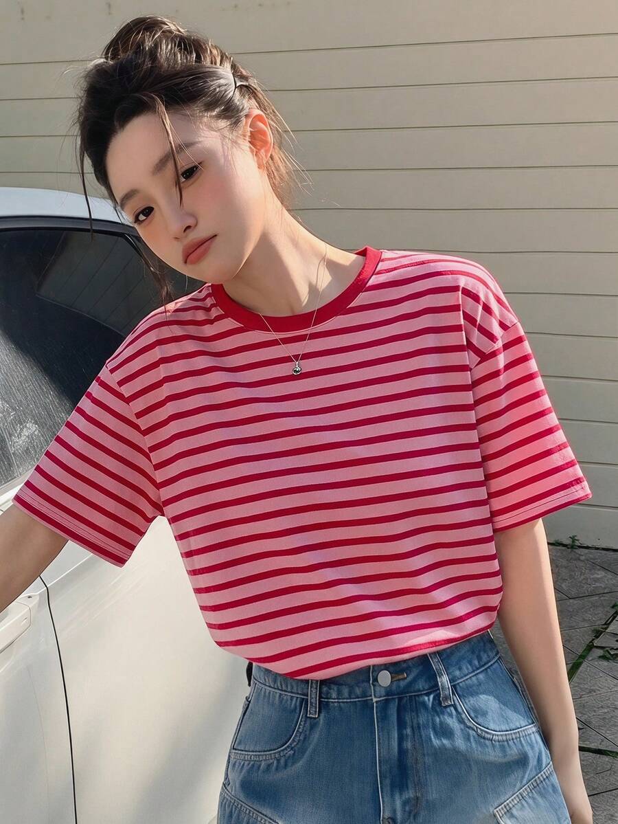 DAZY 女款寬鬆條紋短袖休閒T恤夏季圖案印花上衣 - 粉色 - 查看 1