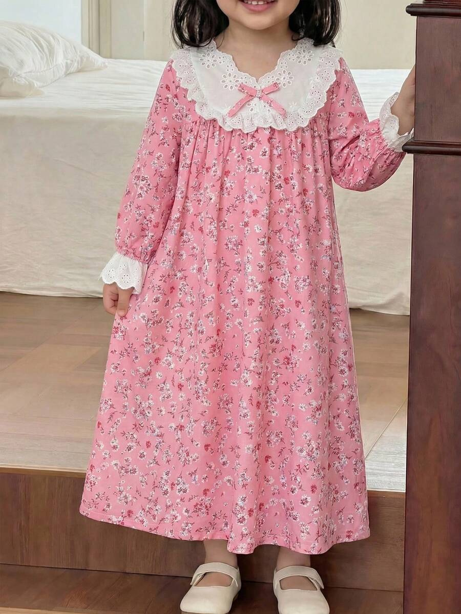 SHEIN LMoss Kids 少女休閒寬鬆花卉拼接家居服 - 彩色 - 查看 1