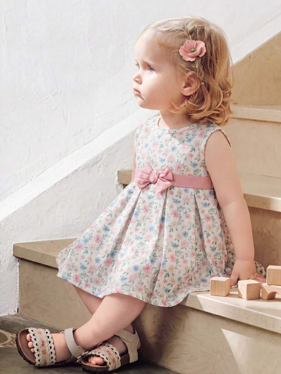 SHEIN Vintaside Kids 女婴春夏新品 - 优雅水彩印花长裙,飘逸花朵点缀,充满春日气息,腰间系有蝴蝶结,无袖公主风设计,针织面料,腰部收紧,适合户外野餐、下午茶聚会、生日派对等场合。 - 淺粉色 - 查看 1