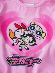 THE POWERPUFF GIRLS X SHEIN 两件套休闲风女婴圆领短袖T恤搭配舒适修身短裤，联名款 - 彩色 - 查看 4